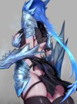  absurdres armor ass backless_outfit blue_hair blue_skin breasts dragon_girl from_behind highres ice kumiko_shiba league_of_legends pauldrons shyvana thighhighs torn_clothes vambraces 