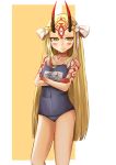  1girl blonde_hair blush crossed_arms fate/grand_order fate_(series) horns ibaraki_douji_(fate/grand_order) legs long_hair looking_away monster_girl one-piece_swimsuit oni swimsuit tattoo thighs 