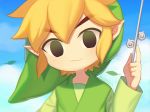  all_male black_eyes blonde_hair cat_smile close clouds hat link_(zelda) male pointed_ears short_hair signed sky the_legend_of_zelda waifu2x wand wusagi2 