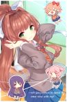  &gt;_&lt; arare_mochiko bangs blue_skirt blurry blurry_background blush bow brown_hair chibi chibi_inset classroom cowboy_shot day doki_doki_literature_club green_eyes grey_jacket grin hair_bow hair_intakes hair_ornament hands_on_own_face hands_up high_ponytail indoors jacket long_hair long_sleeves looking_at_viewer miniskirt monika_(doki_doki_literature_club) multiple_girls natsuki_(doki_doki_literature_club) neck_ribbon open_clothes open_jacket open_mouth orange_sweater pleated_skirt ponytail red_neckwear red_ribbon ribbon sayori_(doki_doki_literature_club) school school_uniform shiny shiny_hair sidelocks skirt smile solo_focus standing straight_hair sweater very_long_hair window x_hair_ornament yuri_(doki_doki_literature_club) 