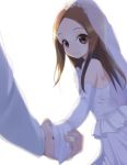  bare_shoulders bonfurai bridal_veil brown_eyes brown_hair closed_mouth collarbone detached_sleeves dress forehead karakai_jouzu_no_takagi-san long_hair long_sleeves looking_at_viewer nishikata simple_background sleeveless smile solo_focus takagi-san veil wedding_dress white_background white_dress 