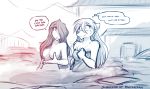  2018 anthro bathing blush breasts canine casual_nudity chest_tuft clothed clothing convenient_censorship dialogue duo english_text female hair hair_over_eye hi_res hot_spring human keidran mammal maren_taverndatter monochrome nervous nude outside partially_submerged raine_(twokinds) simple_background sketch speech_bubble steam sweat text thought_bubble tom_fischbach topless towel tuft twokinds water webcomic white_background wolf 