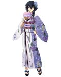  black_eyes black_hair blue_flower eyebrows_visible_through_hair fan floral_print flower full_body hair_between_eyes hair_flower hair_ornament hand_on_hip holding holding_fan japanese_clothes kimono log_horizon looking_at_viewer obi official_art sash short_hair_with_long_locks sidelocks simple_background solo standing takayama_misa white_background yukata 