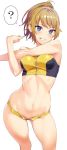 ? bare_shoulders bikini blue_eyes blush breasts brown_hair commentary_request feet_out_of_frame gundam gundam_build_fighters gundam_build_fighters_try hiiragi_yuuichi hoshino_fumina looking_at_viewer medium_breasts navel parted_lips pink_scrunchie ponytail scrunchie shiny shiny_hair shiny_skin simple_background smile solo spoken_question_mark standing stomach stretch swimsuit teeth white_background yellow_bikini zipper 