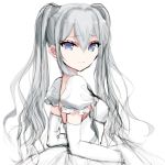  absurdres bad_id bad_pixiv_id bangs blue_eyes breasts detached_sleeves dress eyebrows_visible_through_hair grey_hair hair_between_eyes highres juliet_sleeves long_hair long_sleeves looking_at_viewer misteor original puffy_sleeves small_breasts solo twintails white_background white_dress 