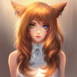  animal_ears backlighting bangs bare_shoulders blue_eyes commentary commission curly_hair ear_piercing english_commentary eyebrows eyelashes eyeliner eyes facial_mark final_fantasy final_fantasy_xiv green_eyes heterochromia highres lips long_hair looking_at_viewer makeup mascara miqo'te nguyen_uy_vu nose orange_hair piercing realistic sepia solo upper_body 