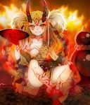  1girl blonde_hair claws fate/grand_order fate_(series) feet female fire highres horns ibaraki_douji_(fate/grand_order) kimono legs long_hair looking_at_viewer oni oni_horns pixiv_id_1542996 sakazuki short_kimono sitting smile solo toes wafuku yellow_eyes yellow_kimono 