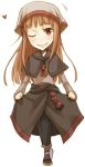 ;) anklet ayakura_juu black_capelet black_pants brown_hair capelet eyebrows_visible_through_hair full_body grey_shirt heart holo jewelry long_hair lowres non-web_source novel_illustration official_art one_eye_closed pants red_eyes shirt shoes simple_background skirt_hold smile solo spice_and_wolf standing very_long_hair white_background wolf_girl 