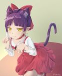  animal_ears blush cat_ears cat_girl cat_tail closed_mouth collarbone commentary_request dress fang fang_out fingernails gegege_no_kitarou hands_up highres hikari_niji leaning_forward looking_at_viewer nekomusume nekomusume_(gegege_no_kitarou_6) paw_pose purple_hair red_dress red_footwear shirt sleeveless sleeveless_dress slit_pupils smile solo standing standing_on_one_leg tail twitter_username white_shirt yellow_eyes 