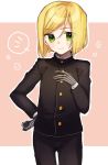  alternate_hairstyle bangs black_gloves black_jacket black_pants blonde_hair bob_cut closed_mouth cosplay cowboy_shot eyebrows_visible_through_hair fate/extra fate/extra_ccc fate_(series) gakuran gloves green_eyes hand_on_hip hand_on_own_chest highres jacket kishinami_hakuno_(male) kishinami_hakuno_(male)_(cosplay) kyuuri_(yumi20010221) leonard_bistario_harway long_sleeves looking_at_viewer male_focus pants pink_background school_uniform shiny shiny_hair short_hair smile solo standing swept_bangs tsukumihara_academy_uniform_(fate/extra_ccc) two-tone_background vertical-striped_gloves 