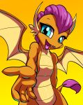  2018 4_fingers blue_eyes cute dragon eyelashes fangs female friendship_is_magic gsphere hi_res horn looking_at_viewer membranous_wings my_little_pony nude open_mouth open_smile portrait scalie short_stack simple_background smile smolder_(mlp) solo standing three-quarter_portrait tongue tongue_out wings yellow_background 