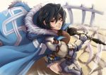  1girl absurdres armor belt black_gloves black_hair caiman-pool cape celliera coat dragalia_lost fighting_stance gauntlets gloves highres holding holding_weapon orange_eyes short_hair short_shorts shorts smile solo sword thighhighs weapon 
