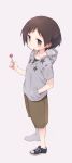  blush breasts brown_eyes brown_hair candy cargo_shorts collarbone eyebrows_visible_through_hair food full_body hand_in_pocket hasegawa_fumi highres holding_lollipop hood hood_down hoodie lollipop looking_at_viewer okayparium parted_lips short_hair shorts small_breasts solo yuyushiki 