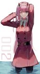  ;) arms_behind_head arms_up bad_id bad_pixiv_id bangs belt black_legwear blue_eyes blunt_bangs character_name closed_mouth darling_in_the_franxx double-breasted dress hairband highres horns legs_apart long_hair long_sleeves looking_at_viewer military military_uniform one_eye_closed pantyhose pink_hair red_dress simple_background smile solo standing straight_hair sudale tsurime uniform very_long_hair wading water white_background white_hairband zero_two_(darling_in_the_franxx) 