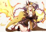  1girl bare_shoulders blonde_hair breasts claws cleavage earrings fate/grand_order fate_(series) female fire floral_print horns ibaraki_douji_(fate/grand_order) jewelry kimono kneeling long_hair love-tuno-love medium_breasts monster_girl off_shoulder oni oni_horns pointy_ears short_kimono smile solo tattoo wafuku wide_sleeves yellow_eyes yellow_kimono 
