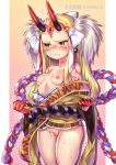  blonde_hair breasts_outside embarrassed exposed_by_self fate/grand_order fate_(series) horns ibaraki_douji_(fate/grand_order) inverted_nipples kimono long_hair monster_girl nipples ofuda oni small_breasts sweat tattoo tears thighs 