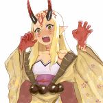  1:1_aspect_ratio 1girl 4rca bare_shoulders blonde_hair claws fate/grand_order fate_(series) female floral_print horns ibaraki_douji_(fate/grand_order) kimono long_hair looking_at_viewer off_shoulder oni oni_horns open_mouth pointy_ears quentin_lecuiller short_kimono simple_background solo wafuku white_background wide_sleeves yellow_eyes yellow_kimono 