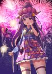  :d aerial_fireworks animal_ears bad_id bad_pixiv_id bangs bell blush braid commentary english_commentary eyebrows_visible_through_hair fireworks flower hair_bell hair_bun hair_flower hair_ornament hand_on_own_cheek hand_up highres holding japanese_clothes jingle_bell kimono league_of_legends lee_seok_ho long_hair lulu_(league_of_legends) night night_sky open_mouth pink_flower pink_rose pix print_kimono purple_eyes purple_hair purple_kimono ribbon_trim rose senkou_hanabi signature sky smile sparkler thighhighs upper_teeth very_long_hair white_legwear yordle 