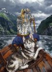  2016 black_fur black_nose blonde_hair boat canine day detailed_background dog duo feline fur grey_fur hair heyriel holding_object husky leopard looking_at_viewer mammal outside overcast paws raining sky smile spots spotted_fur vehicle water white_fur yellow_eyes 