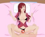  bed blush breasts censored clothed_sex erza_scarlet fairy_tail fairytail missionary on_back on_bed open_mouth penetration pussy red_hair sex swimsuit 