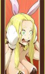  animal_ears blonde_hair breasts buck_teeth bunny_ears commentary cuts emphasis_lines english_commentary gloves hands_up injury large_breasts leotard long_hair materclaws open_mouth original scar scared slit_wrist solo sweatdrop upper_body white_gloves wide-eyed 
