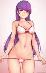  arms_at_sides ass_visible_through_thighs bangs bikini bikini_pull blue_eyes bluefield blunt_bangs breasts cameltoe choker commentary covered_nipples cowboy_shot eyebrows_visible_through_hair fate/grand_order fate_(series) gradient gradient_background highres linea_alba long_hair medium_breasts navel parted_lips purple_hair saint_martha simple_background smile solo string_bikini swimsuit white_bikini 