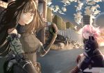  absurdres ammunition_pouch ar-15 armband assault_rifle bangs bare_shoulders black_gloves blue_eyes breasts brown_eyes brown_hair brown_sweater buckle building cityscape closed_mouth clothes_around_waist cloud coat commentary_request evening eyebrows_visible_through_hair floating_hair gauntlets girls_frontline gloves gun hair_between_eyes hair_ornament headphones highres holding holding_gun holding_strap holding_weapon hsubo jacket jacket_around_waist long_hair looking_at_another looking_at_viewer m4_carbine m4a1_(girls_frontline) machinery medium_breasts mod3_(girls_frontline) multicolored_hair multiple_girls outdoors parted_lips pink_hair ponytail pouch ribbed_sweater rifle road ruins scarf sidelocks st_ar-15_(girls_frontline) strap streaked_hair sunset sweater sweater_vest weapon weapon_case wind 
