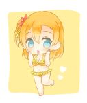  :o bangs barefoot bikini blue_eyes blush border breasts chibi cleavage eyebrows_visible_through_hair flower frilled_bikini frills full_body hair_flower hair_ornament hair_ribbon hands_on_own_cheeks hands_on_own_face heart kousaka_honoka looking_at_viewer love_live! love_live!_school_idol_project medium_breasts navel one_side_up orange_bikini orange_hair red_flower ribbon shinkai_(xxsnkixx) simple_background solo standing standing_on_one_leg swimsuit white_border yellow_background yellow_ribbon 