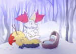 2018 abandoned baby blue-rum braixen breasts canine detailed_background digital_media_(artwork) drake_lyra fan_character female forest human male mammal minx_lyra nintendo pok&eacute;mon pok&eacute;mon_(species) pokelolo99 snow tree video_games young 