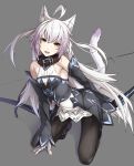  agrius_metamorphosis ahoge animal_ears atalanta_(alter)_(fate) atalanta_(fate) bare_shoulders black_legwear cat_ears cat_tail choker commentary_request detached_sleeves dress fate/apocrypha fate/grand_order fate_(series) gloves grey_background highres kneeling lavender_hair long_hair looking_at_viewer multicolored_hair pantyhose simple_background solo tail tail_raised takanashi_kei_(hitsujikan) two-tone_hair white_hair 
