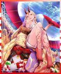  blonde_hair claws fate/grand_order fate_(series) feet floral_print horns ibaraki_douji_(fate/grand_order) japanese_clothes kimono legs long_hair looking_at_viewer looking_down monster_girl off_shoulder oni sakazuki sitting tattoo toenails yellow_kimono 