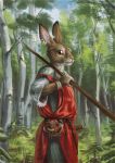  2013 anthro brown_eyes brown_fur clothed clothing day digital_media_(artwork) forest fur heyriel holding_object lagomorph male mammal outside rabbit sky solo stanidng tree 