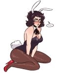  animal_ears black_hair blush breasts brown_eyes brown_hair bunny_ears bunny_girl bunny_tail bunnysuit commentary detached_collar fake_animal_ears kawakami_sadayo large_breasts looking_at_viewer pantyhose persona persona_5 scruffyturtles short_hair solo tail 