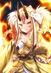  1girl altoseneka bare_shoulders blonde_hair clavicle claws fate/grand_order fate_(series) female fire horns ibaraki_douji_(fate/grand_order) kimono long_hair looking_at_viewer monster_girl off_shoulder oni oni_horns pointy_ears short_kimono smile solo tattoo wafuku wide_sleeves yellow_eyes yellow_kimono 