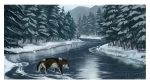  2017 ambiguous_gender brown_fur canine day digital_media_(artwork) digital_painting_(artwork) dog feral forest fur heyriel mammal outside partially_submerged river snow solo tree water 