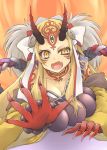  1girl am13 bare_shoulders blonde_hair claws fate/grand_order fate_(series) female horns ibaraki_douji_(fate/grand_order) kimono long_hair looking_at_viewer monster_girl off_shoulder oni oni_horns open_mouth short_kimono simple_background solo tattoo wafuku wide_sleeves yellow_eyes yellow_kimono 