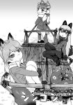  :3 animal_ears antlers blush bow bowtie breast_pocket cart closed_mouth commentary cover cover_page eyebrows_visible_through_hair ezo_red_fox_(kemono_friends) fisheye fox_ears fox_tail full_body fur-trimmed_sleeves fur_trim greyscale hair_between_eyes highres jacket japari_symbol kemono_friends kishida_shiki leg_hug legs_together long_hair long_sleeves looking_afar looking_at_viewer looking_back monochrome multiple_girls necktie open_mouth pantyhose pocket pullcart reindeer_(kemono_friends) reindeer_ears reindeer_tail silver_fox_(kemono_friends) sitting skirt smile tail translated tsurime twintails walking 