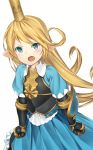  angry blonde_hair blue_eyes blush charlotta_fenia commentary_request crown gauntlets granblue_fantasy harvin highres hiraba_6018 juliet_sleeves long_hair long_sleeves looking_at_viewer open_mouth pointy_ears puffy_sleeves simple_background solo white_background 