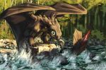  2014 day detailed_background digital_media_(artwork) dragon fish green_eyes heyriel how_to_train_your_dragon marine membranous_wings night_fury outside river toothless water wings 