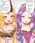  2girls bare_shoulders blonde_hair breasts collarbone commentary_request downblouse dress facial_mark fangs fate/grand_order fate_(series) flying_sweatdrops forehead_mark highres horns ibaraki_douji_(fate/grand_order) japanese_clothes kimono leaning_forward long_hair makano_mucchi multiple_girls no_bra no_nose off_shoulder oni oni_horns open_mouth pelvic_curtain purple_dress purple_eyes purple_hair scrunchie short_kimono short_yukata shouting small_breasts tattoo translated twintails very_long_hair wu_zetian_(fate/grand_order) yellow_eyes yukata 