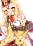  blonde_hair blush chocolate eating fate/grand_order fate_(series) floral_print horns ibaraki_douji_(fate/grand_order) japanese_clothes kimono long_hair looking_at_viewer monster_girl oni pointy_ears sitting slit_pupils tattoo yellow_eyes yellow_kimono 