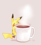  climbing closed_eyes coffee creature gen_1_pokemon grey_background lai_(pixiv1814979) no_humans pikachu pokemon pokemon_(creature) simple_background solo steam 