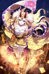  1girl bare_shoulders blonde_hair clavicle claws fate/grand_order fate_(series) female fire holding_sword holding_weapon horns ibaraki_douji_(fate/grand_order) kimono long_hair looking_at_viewer monster_girl off_shoulder oni oni_horns short_kimono solo sword tattoo wafuku weapon wide_sleeves wonhml yellow_eyes yellow_kimono 
