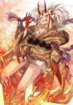  1girl bare_shoulders blonde_hair claws dyddus5067 fate/grand_order fate_(series) female fire floral_print holding_sword holding_weapon horns ibaraki_douji_(fate/grand_order) kimono long_hair looking_at_viewer off_shoulder oni oni_horns short_kimono solo sword wafuku weapon wide_sleeves yellow_eyes yellow_kimono 