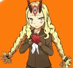  1girl blonde_hair braid casual fate/grand_order fate_(series) female hatnychan horns ibaraki_douji_(fate/grand_order) long_hair looking_at_viewer monster_girl oni oni_horns simple_background solo tattoo tied_hair twin_braids yellow_eyes 