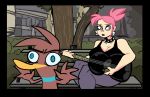  anthro avian big_breasts bird blue_eyes breasts cleavage clothed clothing collar duck duo ear_piercing eyeshadow female feral germaine guitar hair herny herny_(character) huge_breasts human makeup mammal mouthless musical_instrument neurotically_yours piercing pink_hair purple_eyes 