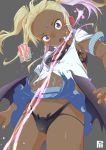  1girl blonde_hair cameltoe dark_skin fang female flat_chest highleg_panties open_mouth purple_eyes satsuyo solo torn_clothes twintails 