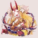  1girl bare_shoulders blonde_hair claws fate/grand_order fate_(series) female horns ibaraki_douji_(fate/grand_order) kimono konntatata long_hair looking_at_viewer monster_girl off_shoulder oni oni_horns open_mouth simple_background solo tattoo wafuku yellow_eyes yellow_kimono 