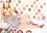  1girl barefoot blonde_hair claws eating fate/grand_order fate_(series) feet female food highres horns ibaraki_douji_(fate/grand_order) long_hair looking_at_viewer lying mutti-z on_back oni oni_horns pixiv_id_2527306 pointy_ears shiny shiny_skin smile solo sweater sweets yellow_eyes 