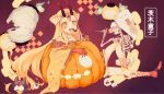  1girl bare_shoulders blonde_hair claws fate/grand_order fate_(series) female halloween highres horns ibaraki_douji_(fate/grand_order) jack-o&#039;-lantern kimono kirito5112 long_hair monster_girl off_shoulder oni oni_horns short_kimono skeleton solo tattoo wafuku wide_sleeves yellow_eyes yellow_kimono 